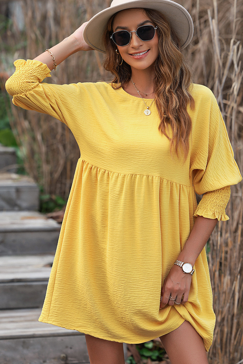Yellow Solid Color Shirred Cuffs Babydoll Mini Dress