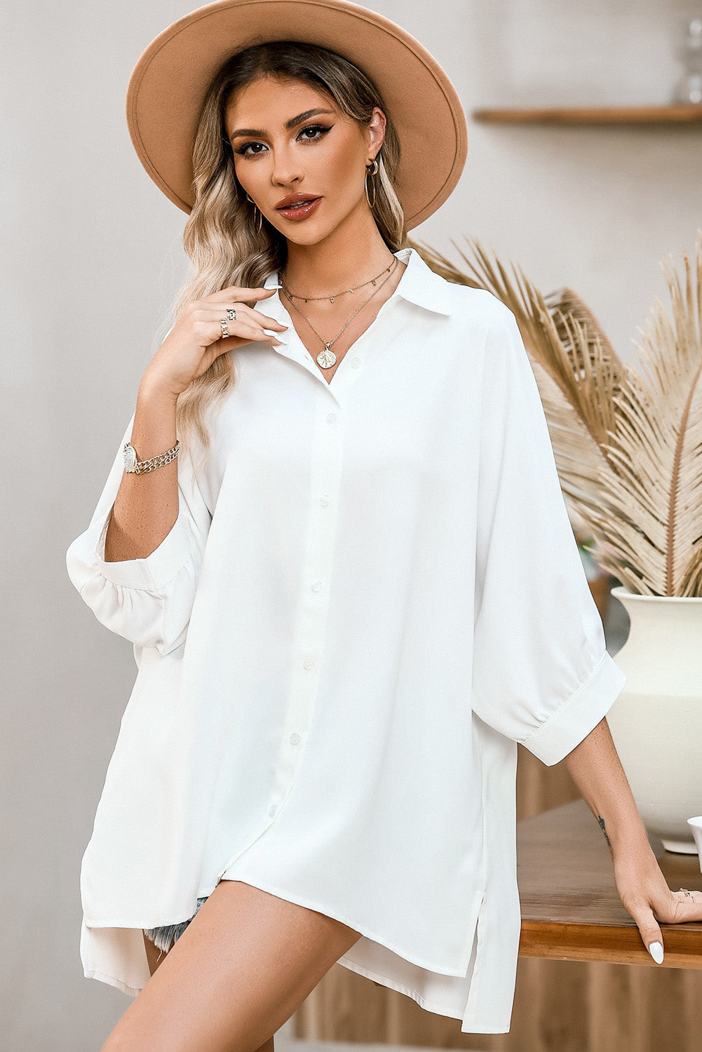 White Plain 3/4 Batwing Sleeve Oversize Button Up Shirt