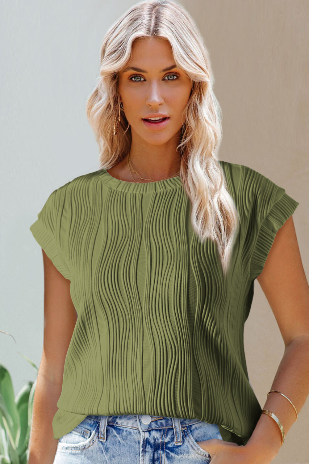 Jungle Green Wavy Textured Cap Sleeve Top