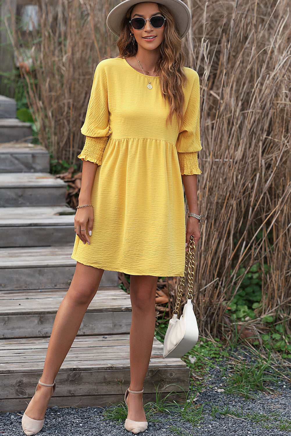 Yellow Solid Color Shirred Cuffs Babydoll Mini Dress