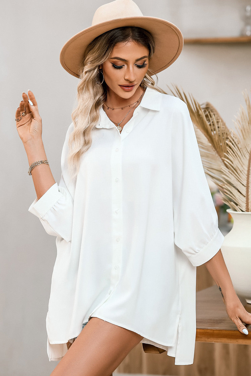 White Plain 3/4 Batwing Sleeve Oversize Button Up Shirt