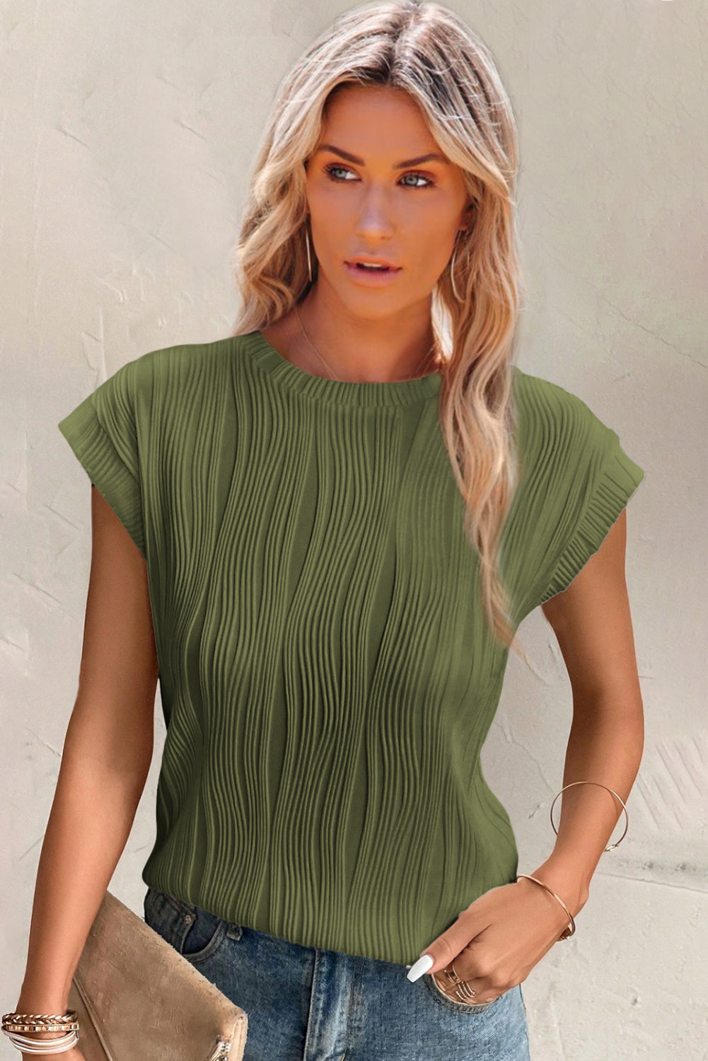 Jungle Green Wavy Textured Cap Sleeve Top