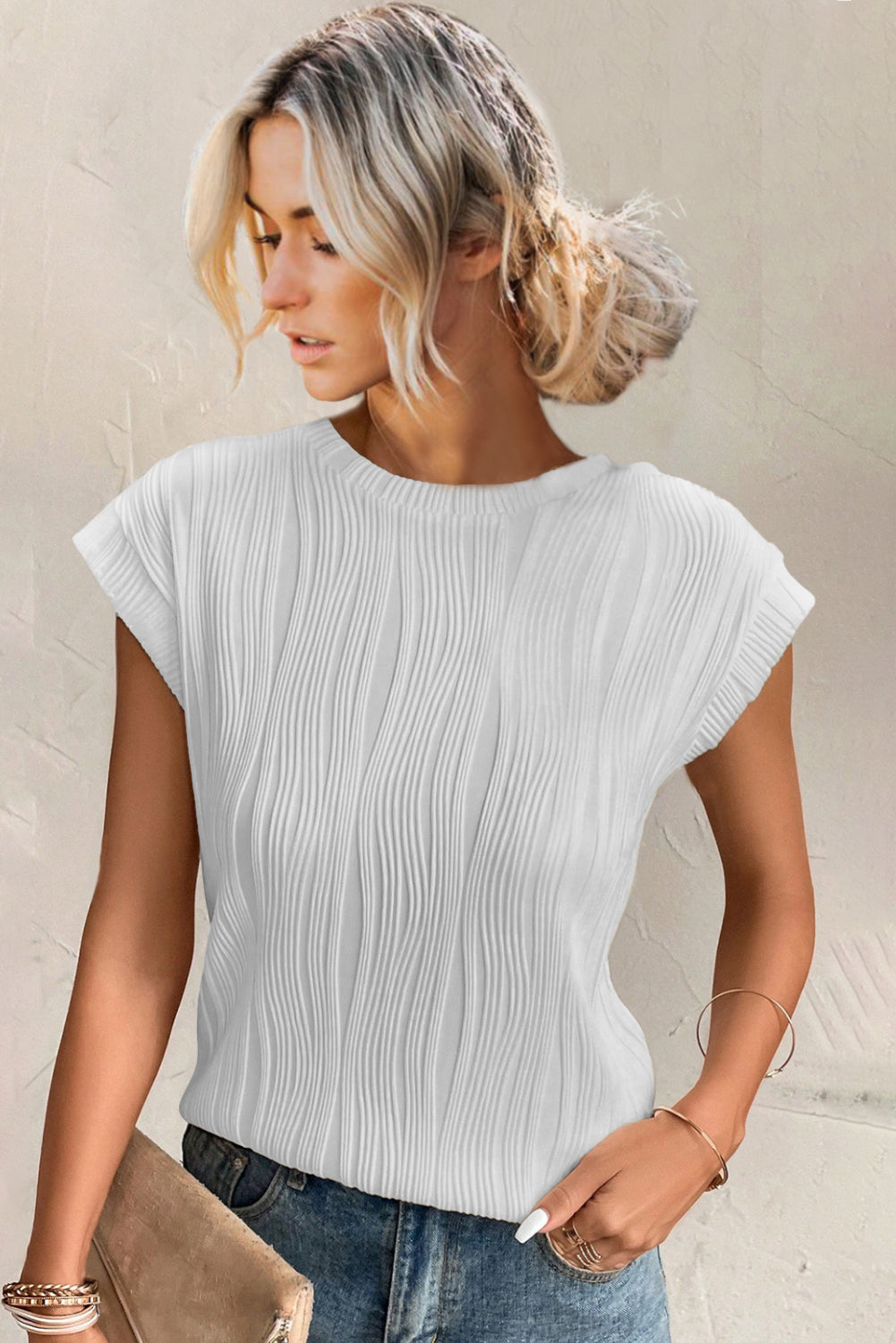Jungle Green Wavy Textured Cap Sleeve Top