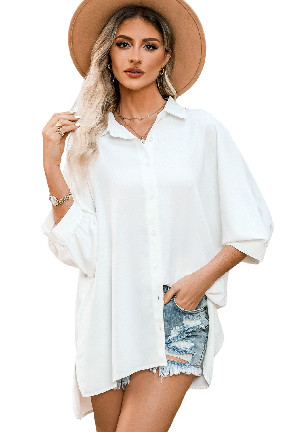 White Plain 3/4 Batwing Sleeve Oversize Button Up Shirt