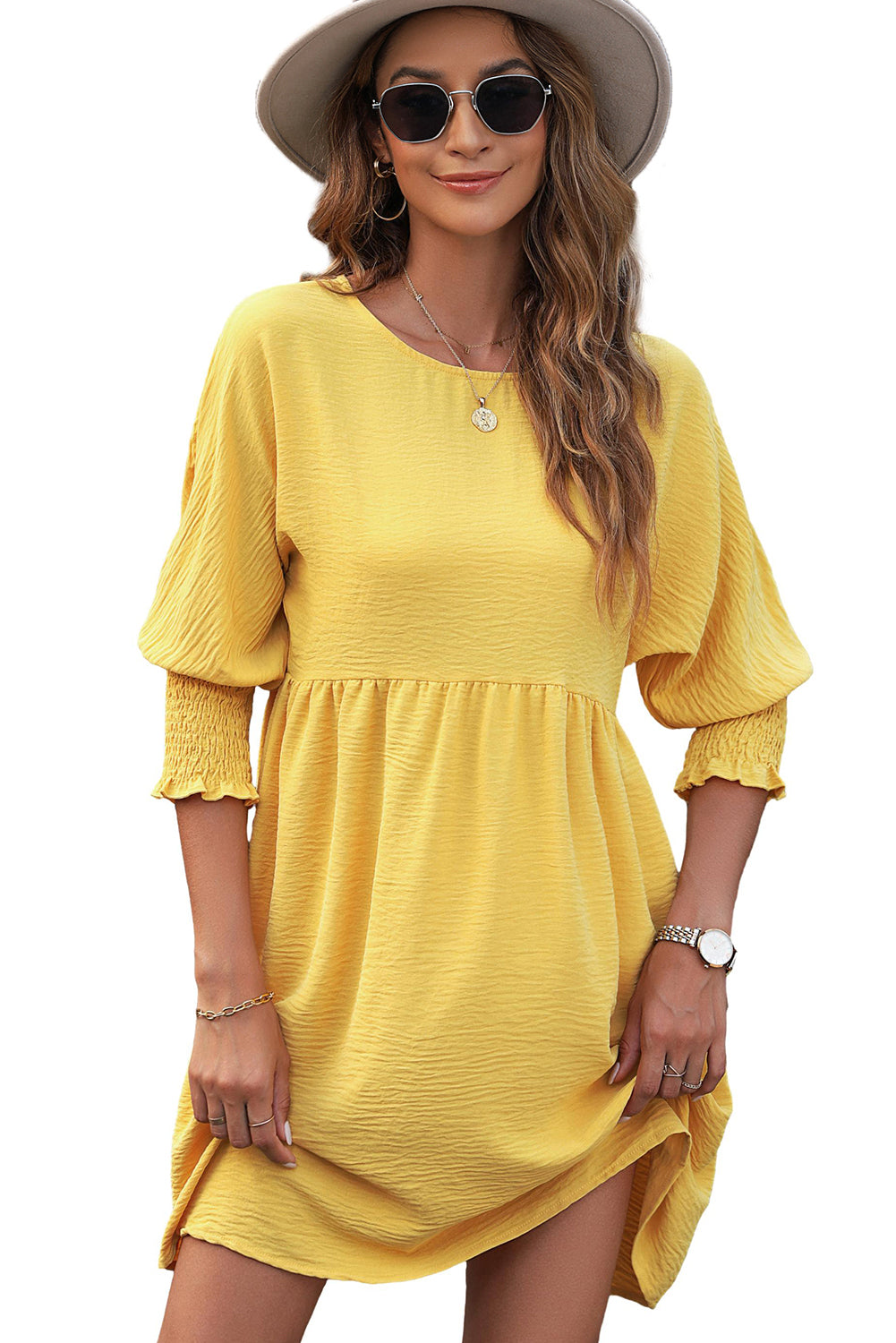 Yellow Solid Color Shirred Cuffs Babydoll Mini Dress