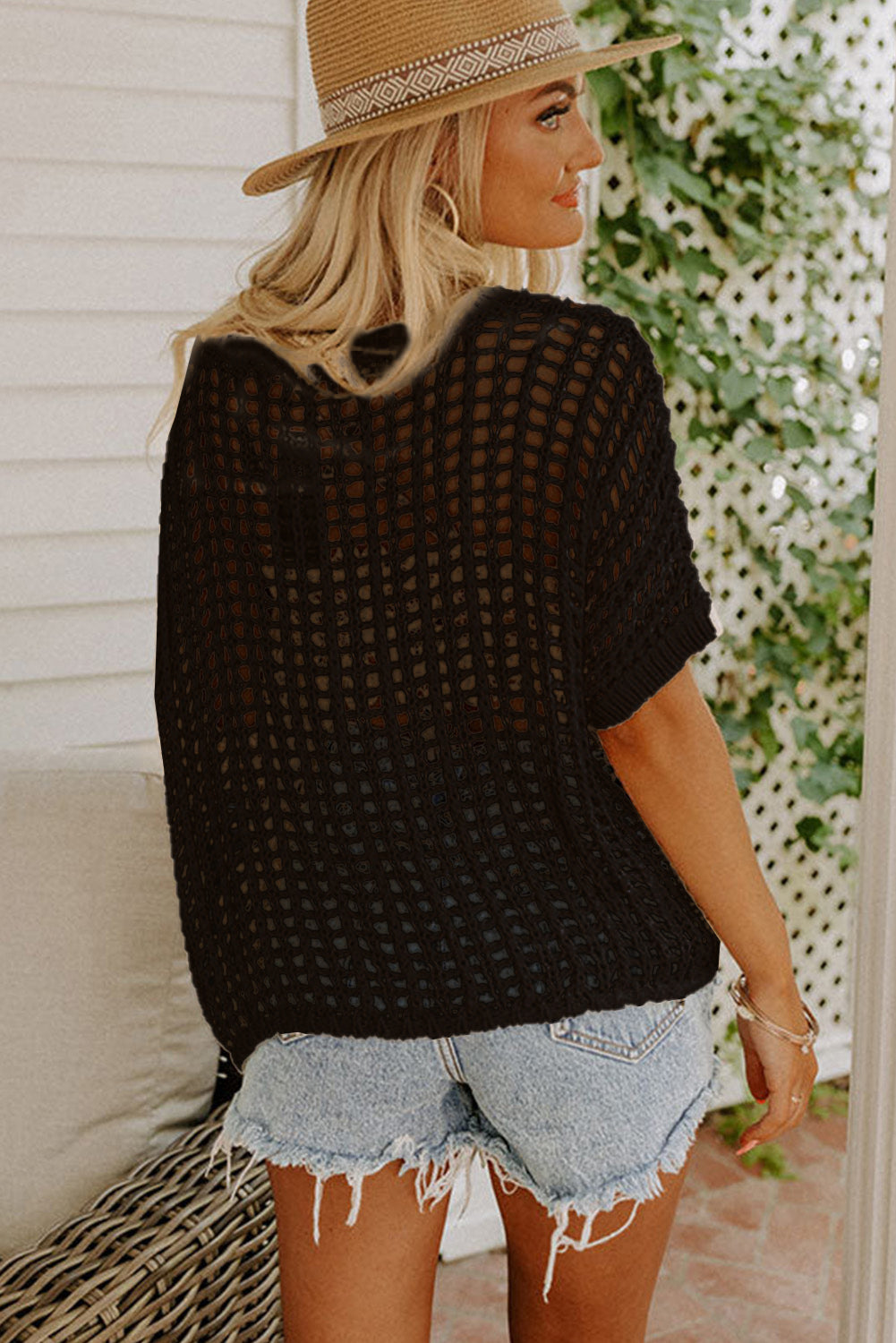 Apricot Fishnet Knit Short Sleeve Tee