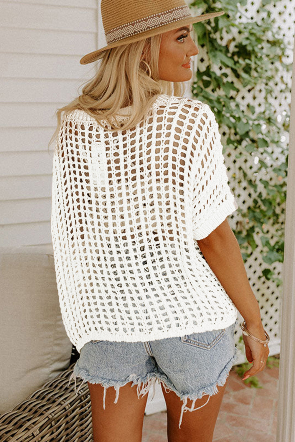 Apricot Fishnet Knit Short Sleeve Tee