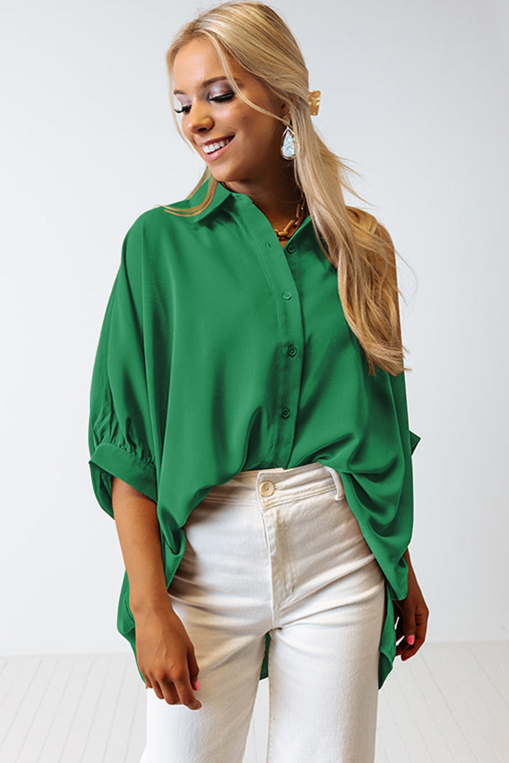 White Plain 3/4 Batwing Sleeve Oversize Button Up Shirt
