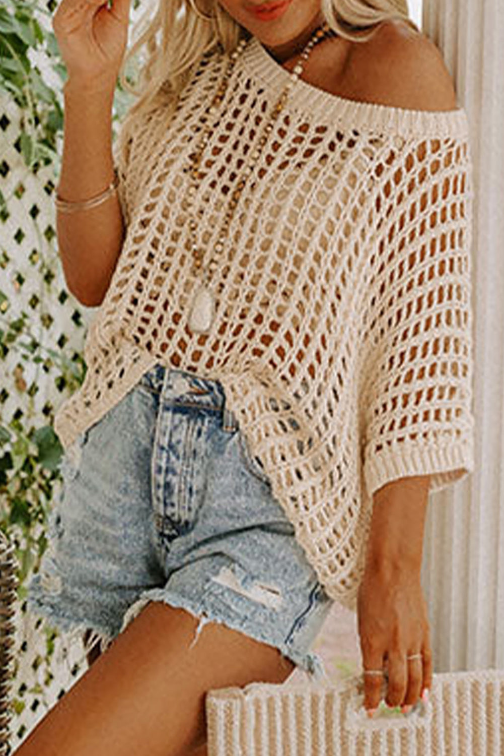 Apricot Fishnet Knit Short Sleeve Tee