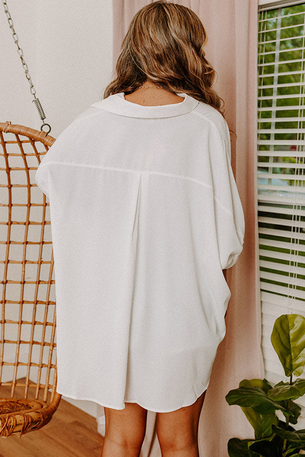 White Plain 3/4 Batwing Sleeve Oversize Button Up Shirt