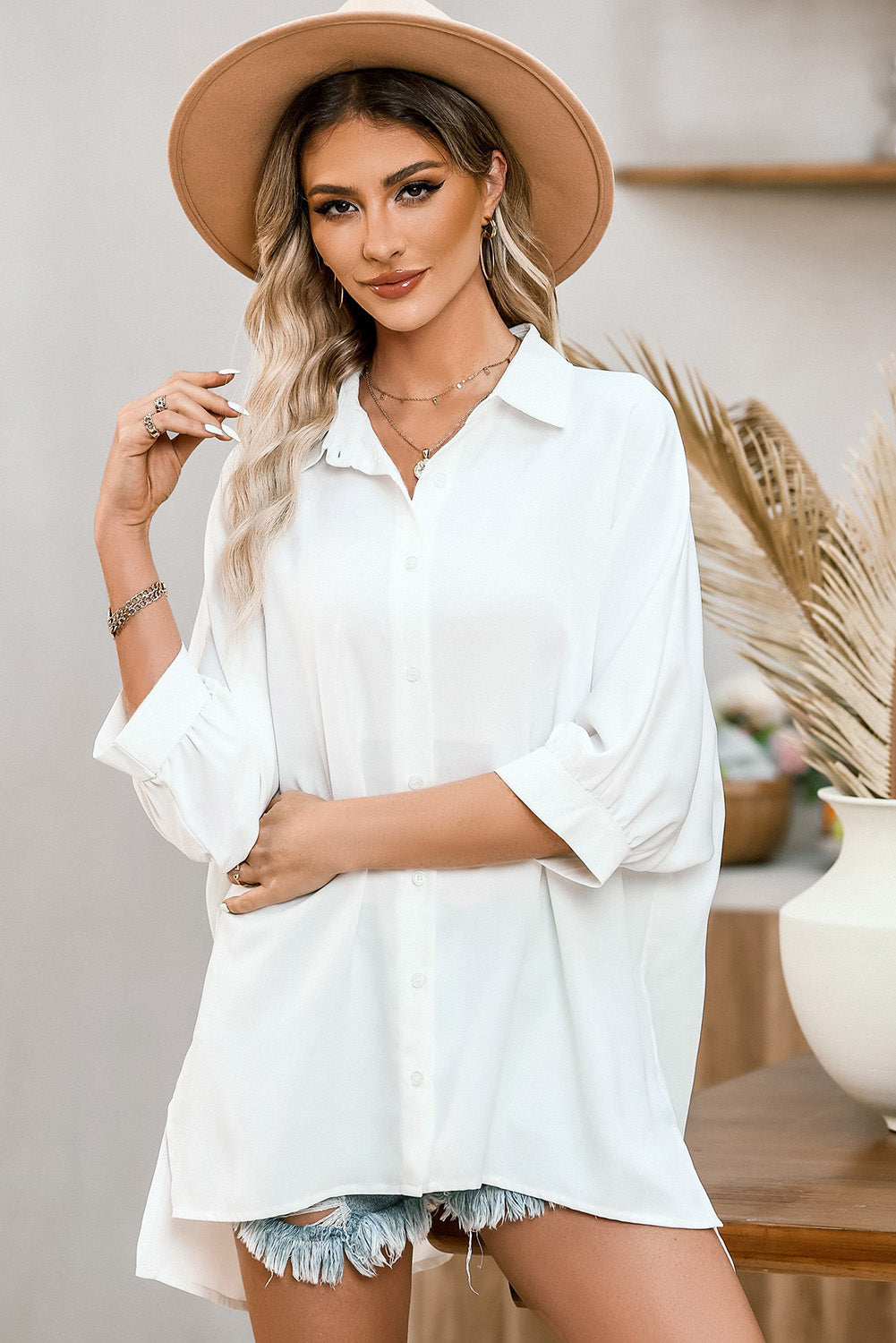 White Plain 3/4 Batwing Sleeve Oversize Button Up Shirt