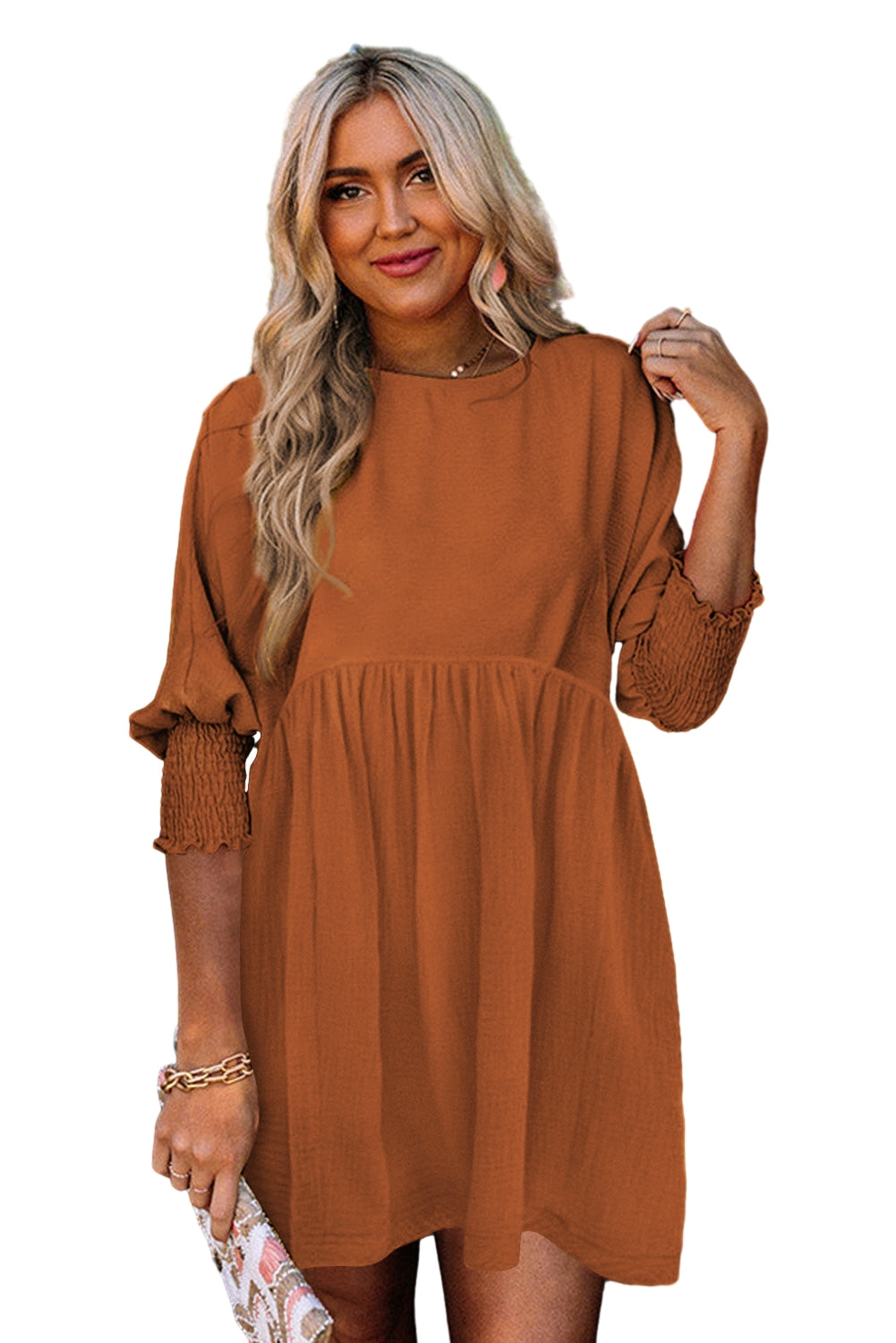 Yellow Solid Color Shirred Cuffs Babydoll Mini Dress