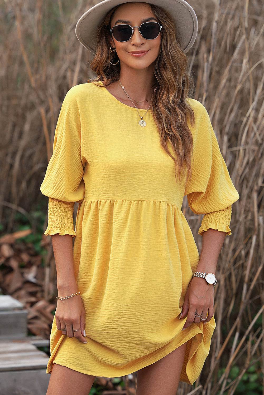 Yellow Solid Color Shirred Cuffs Babydoll Mini Dress