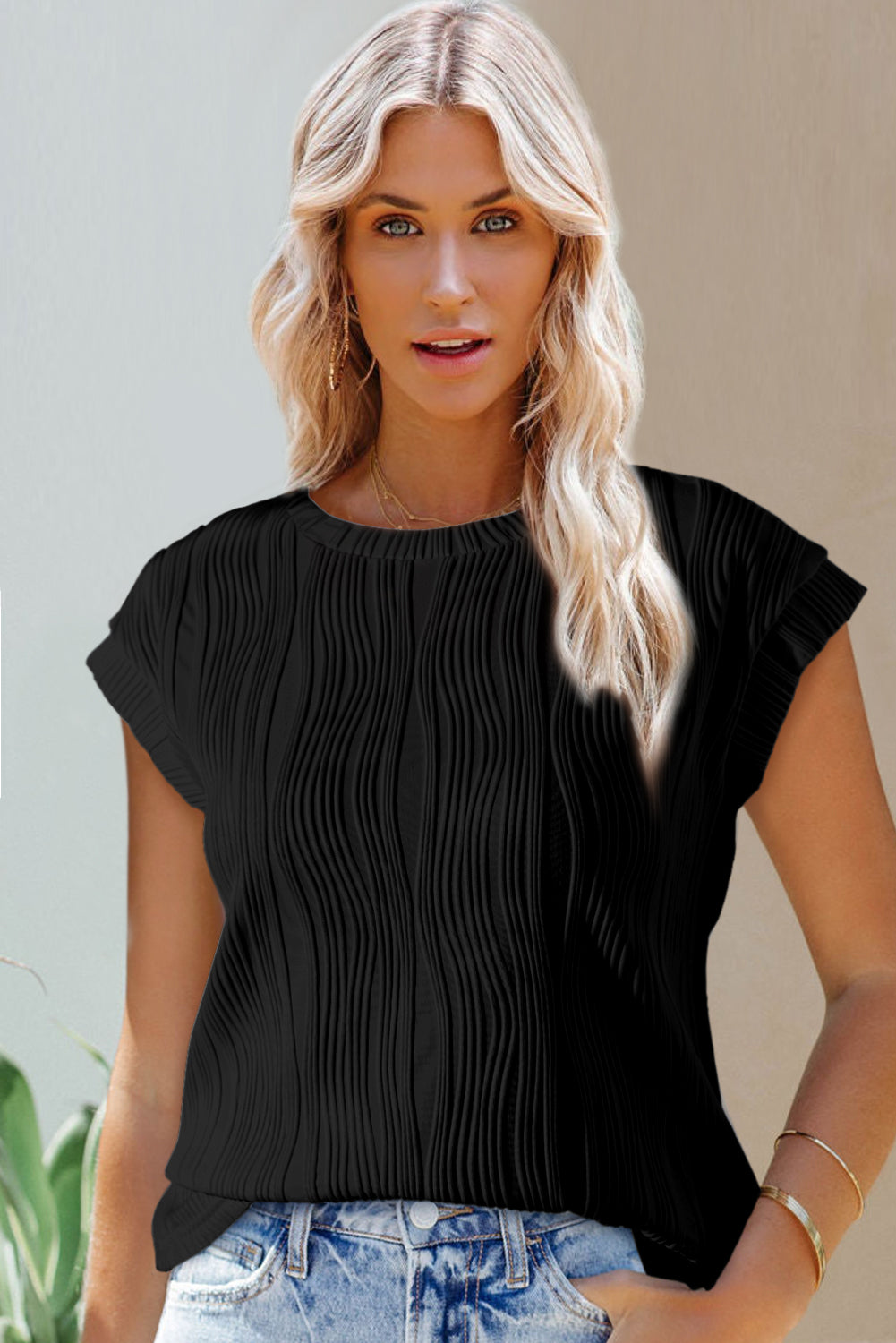 Jungle Green Wavy Textured Cap Sleeve Top