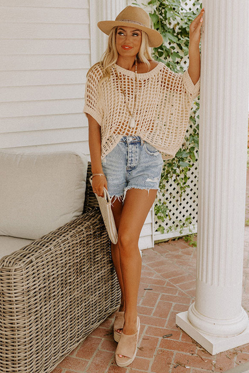 Apricot Fishnet Knit Short Sleeve Tee