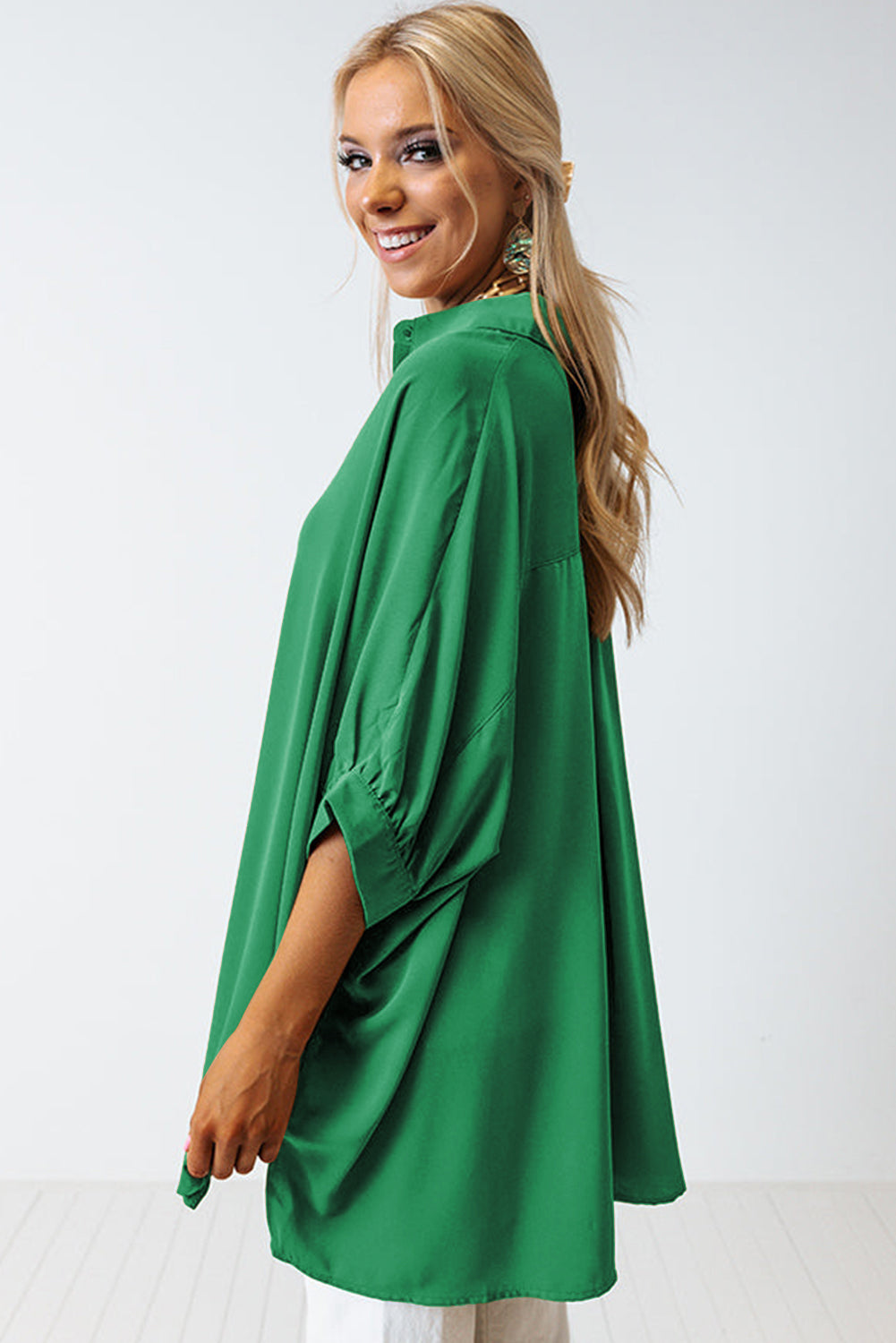 White Plain 3/4 Batwing Sleeve Oversize Button Up Shirt