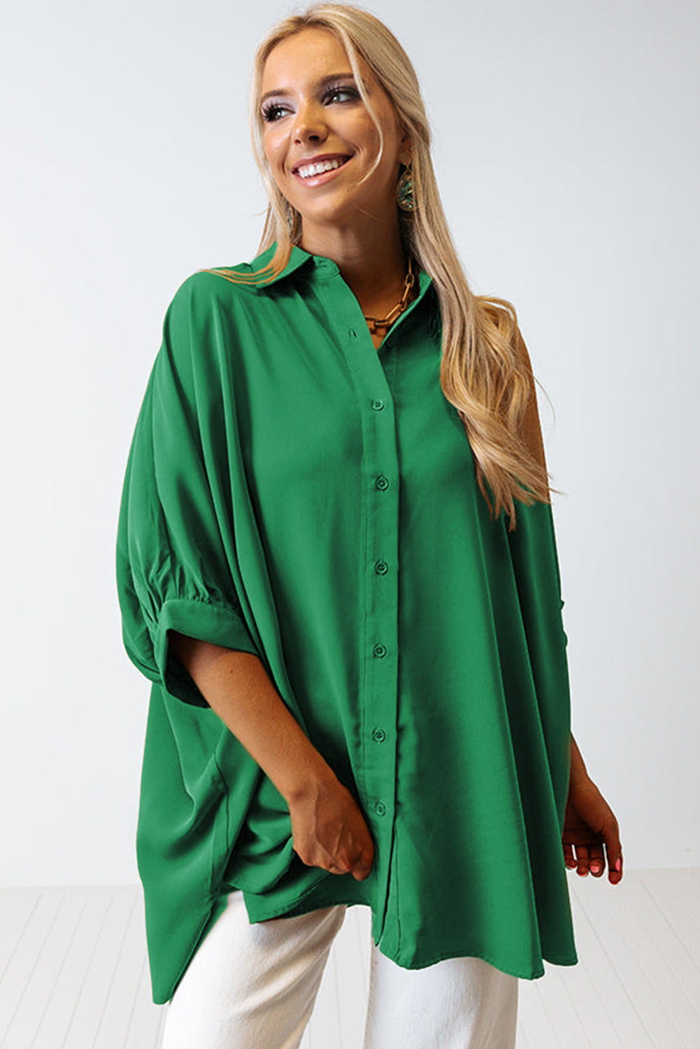 White Plain 3/4 Batwing Sleeve Oversize Button Up Shirt