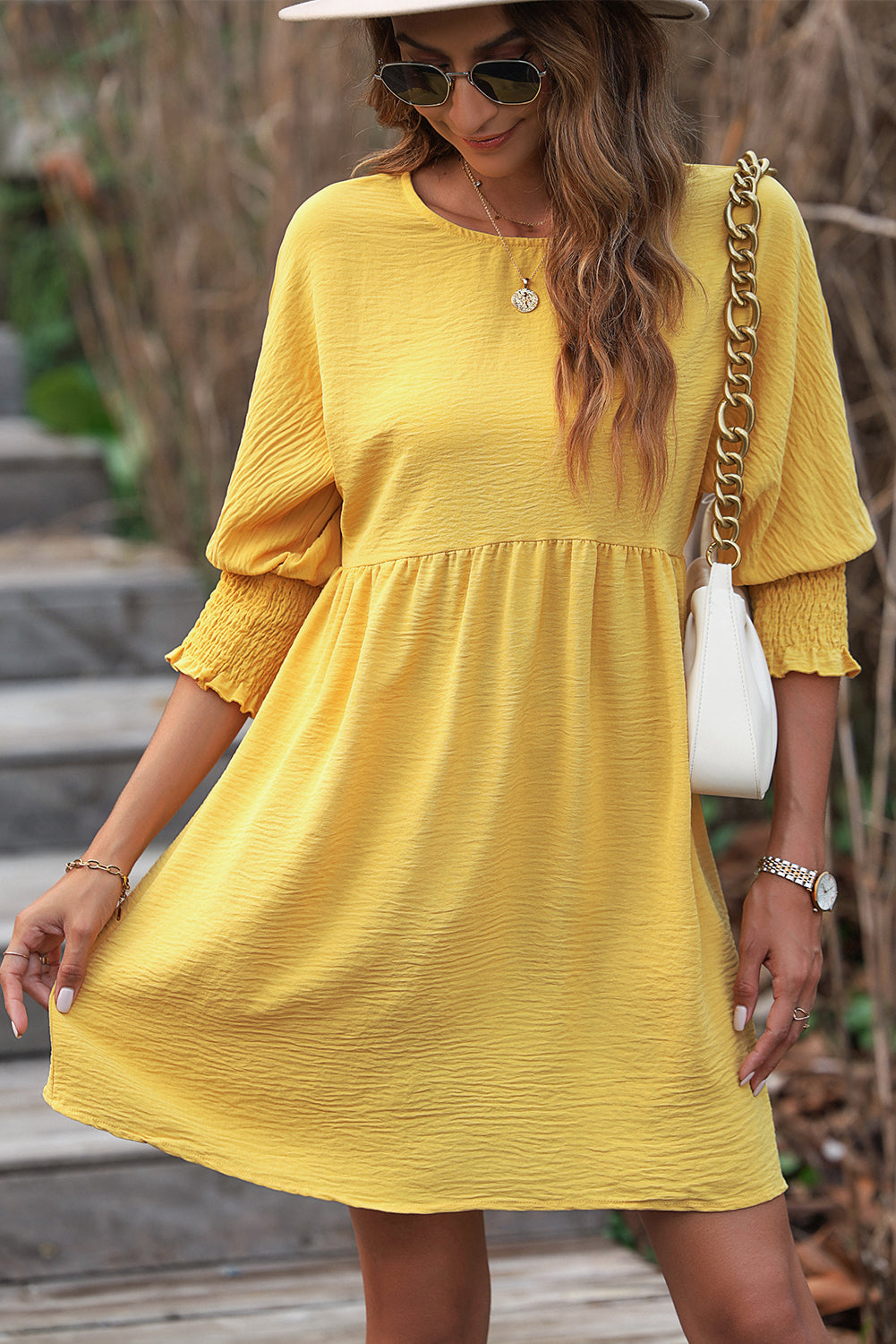 Yellow Solid Color Shirred Cuffs Babydoll Mini Dress