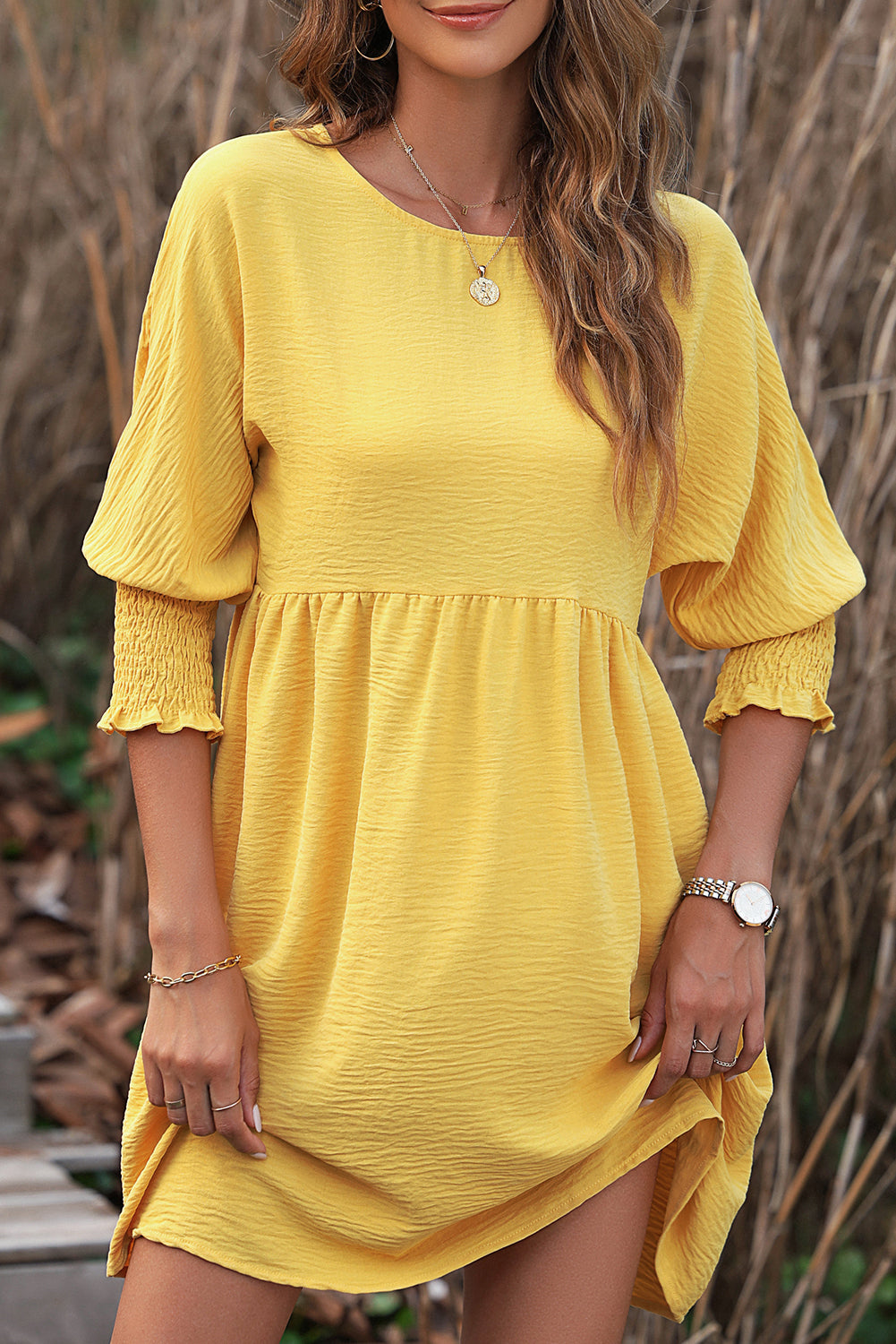 Yellow Solid Color Shirred Cuffs Babydoll Mini Dress