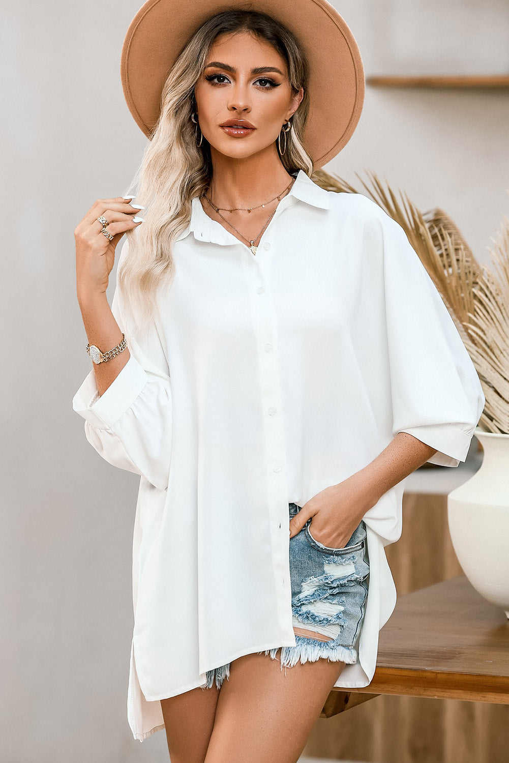 White Plain 3/4 Batwing Sleeve Oversize Button Up Shirt