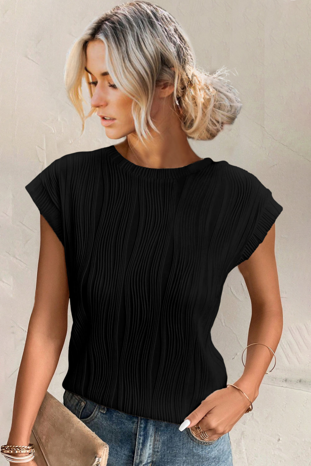 Jungle Green Wavy Textured Cap Sleeve Top
