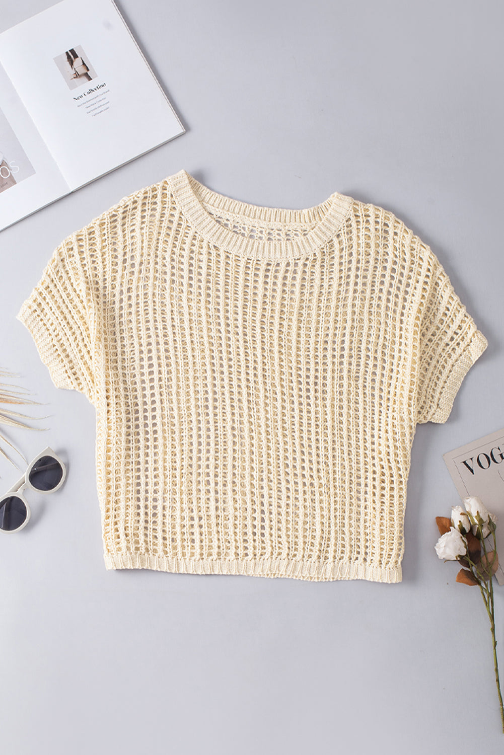 Apricot Fishnet Knit Short Sleeve Tee