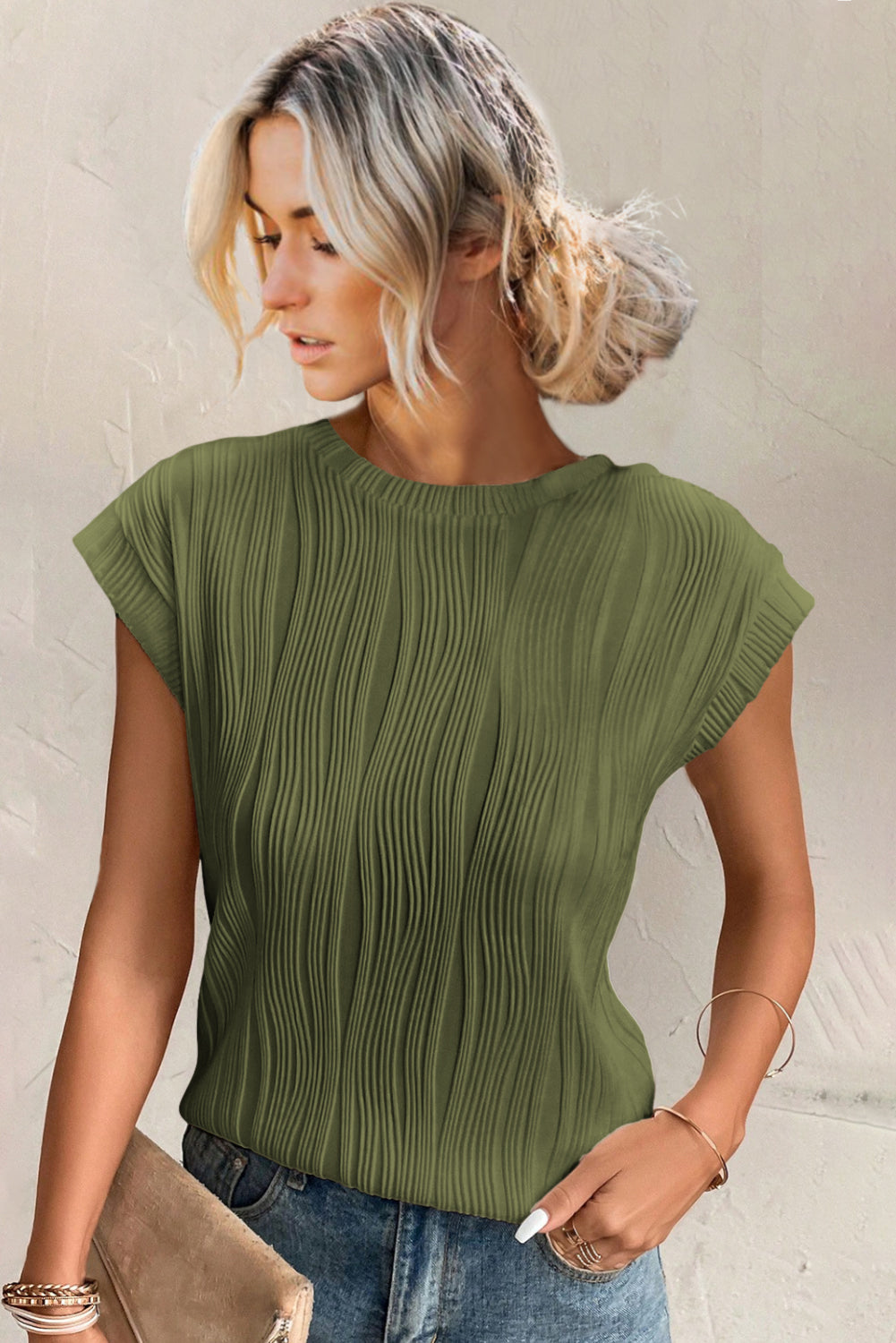 Jungle Green Wavy Textured Cap Sleeve Top