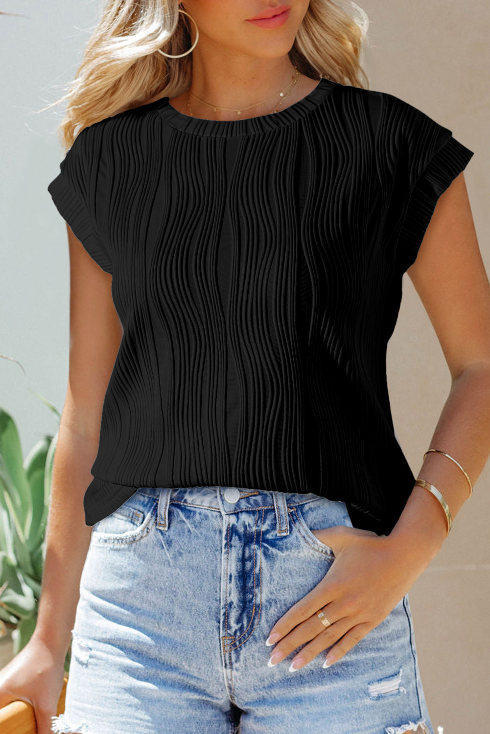 Jungle Green Wavy Textured Cap Sleeve Top