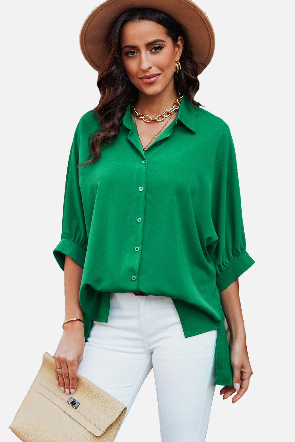 White Plain 3/4 Batwing Sleeve Oversize Button Up Shirt
