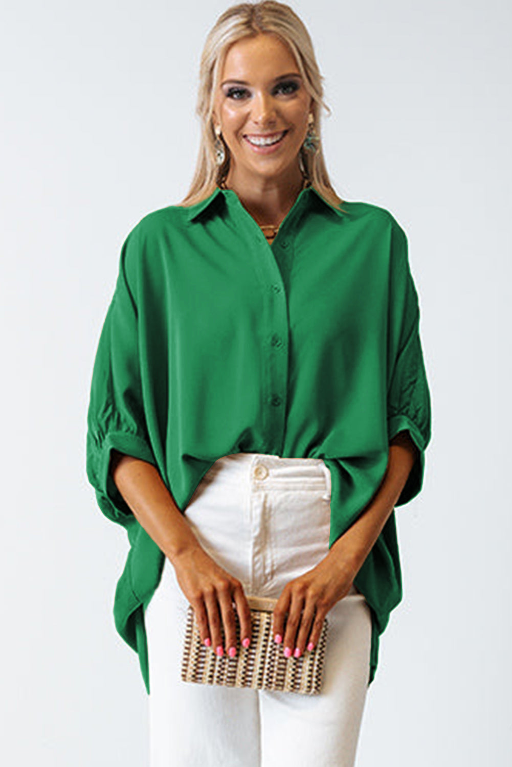 White Plain 3/4 Batwing Sleeve Oversize Button Up Shirt