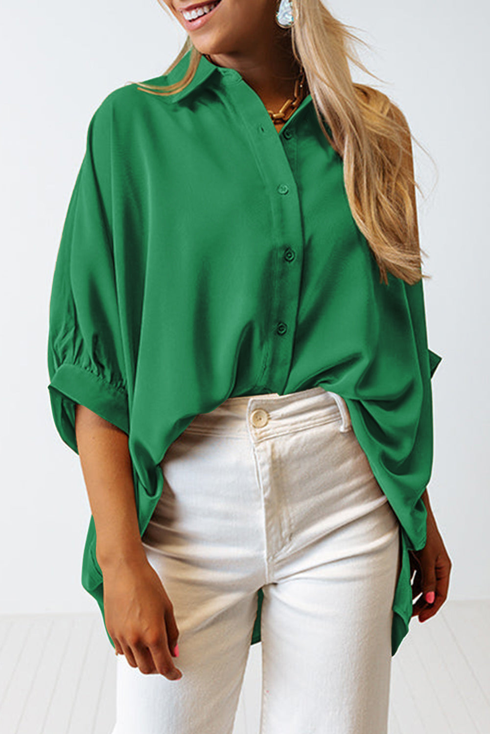 White Plain 3/4 Batwing Sleeve Oversize Button Up Shirt