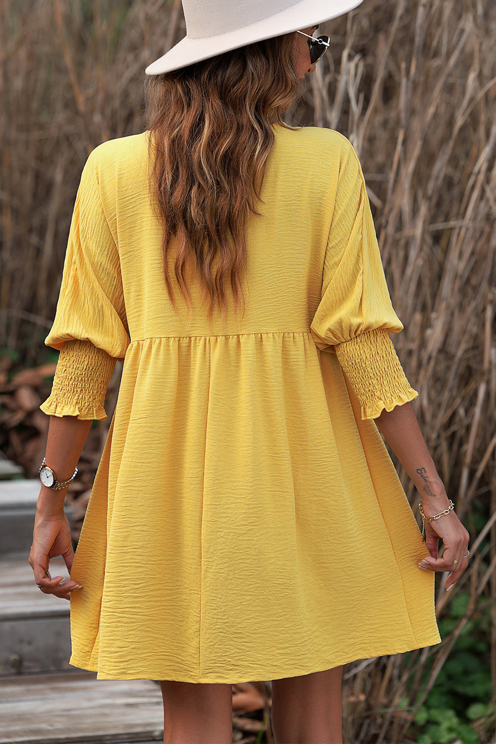 Yellow Solid Color Shirred Cuffs Babydoll Mini Dress