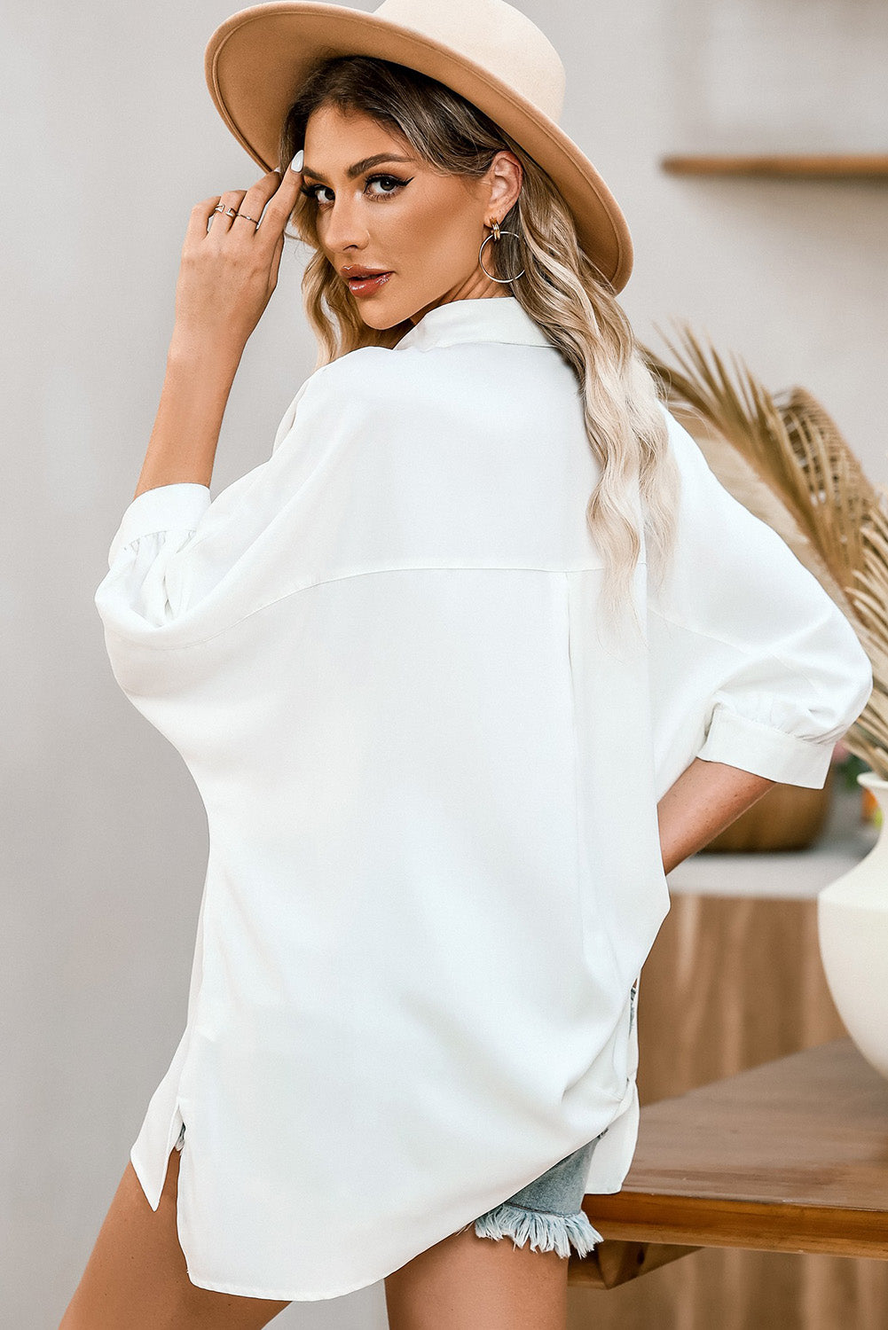 White Plain 3/4 Batwing Sleeve Oversize Button Up Shirt