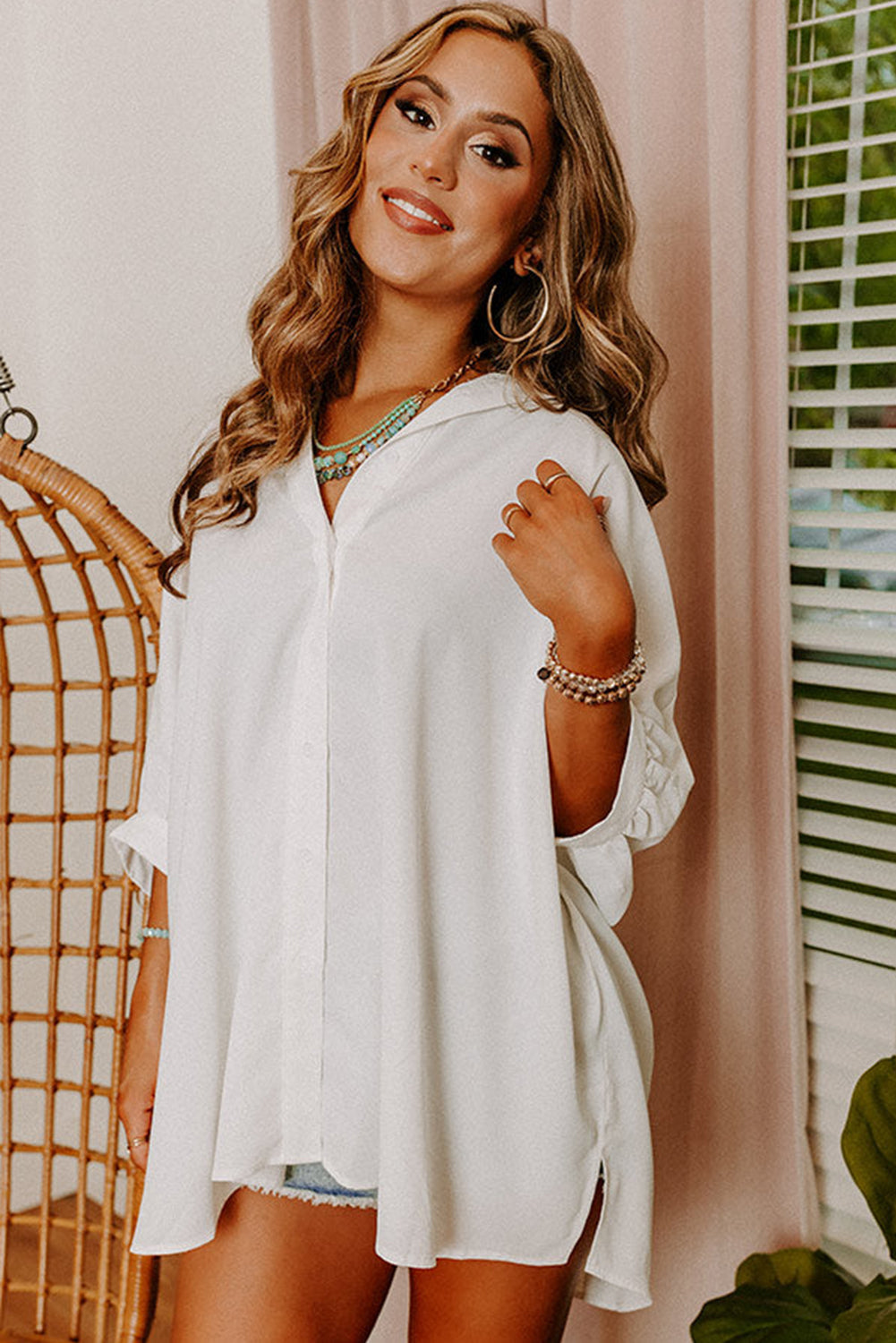 White Plain 3/4 Batwing Sleeve Oversize Button Up Shirt