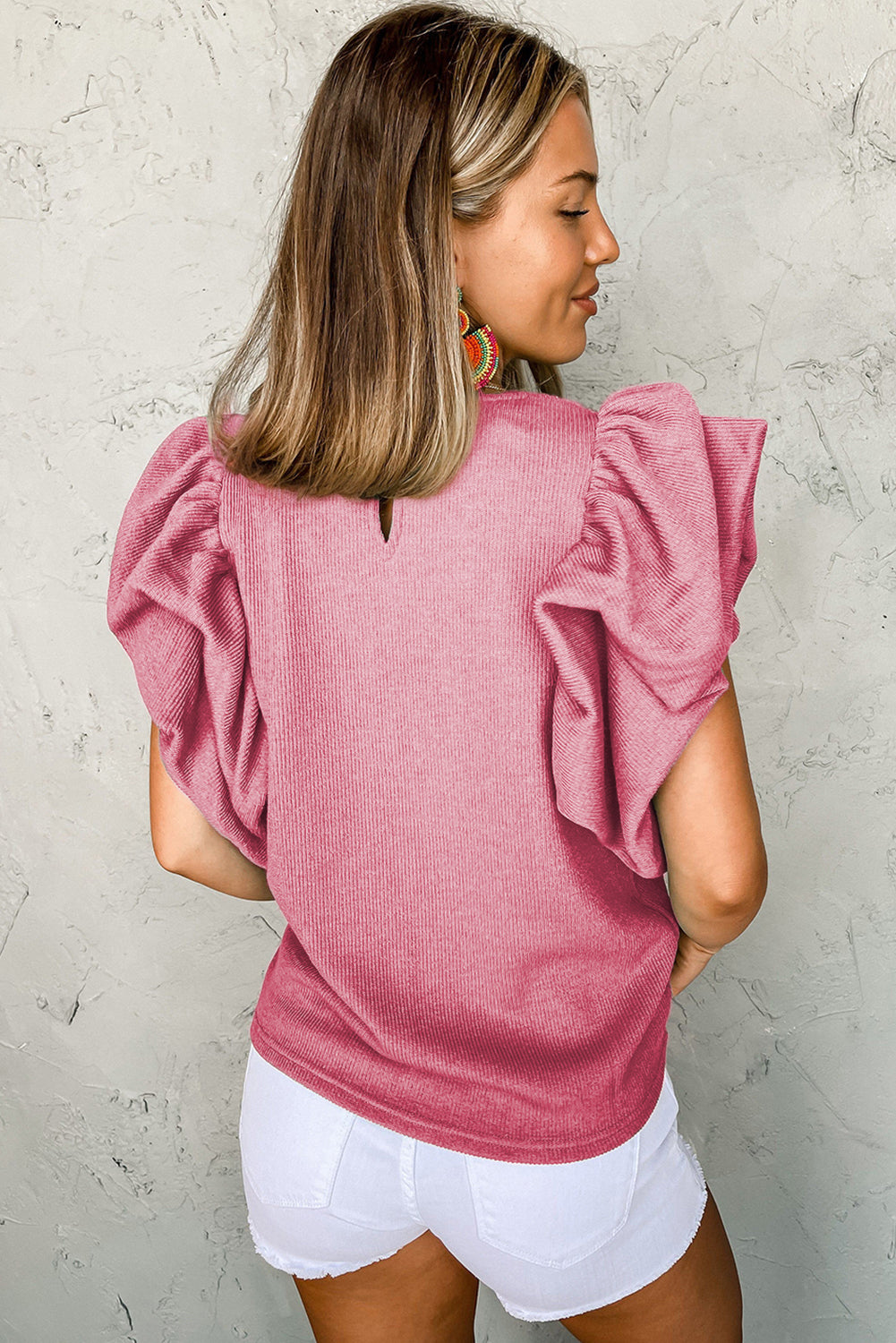 Green Solid Color Ruffle Sleeve Ribbed Blouse