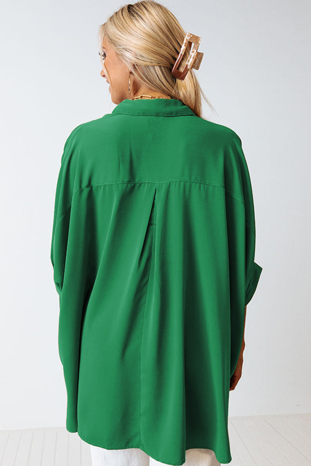 White Plain 3/4 Batwing Sleeve Oversize Button Up Shirt