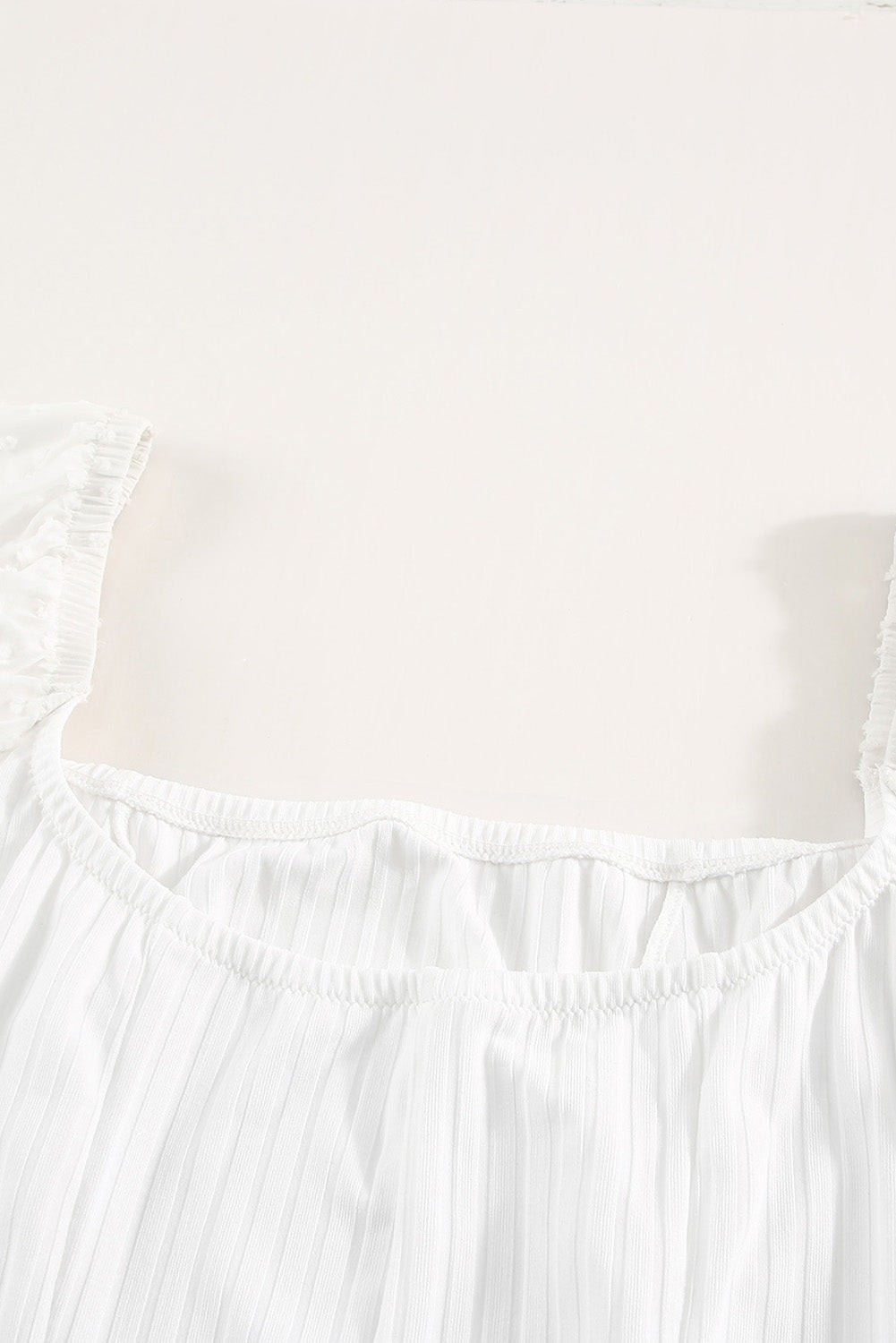 White Casual Solid Swiss Dot Ribbed Puff Sleeve Bodysuit