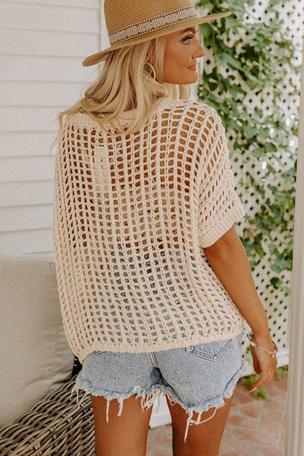 Apricot Fishnet Knit Short Sleeve Tee