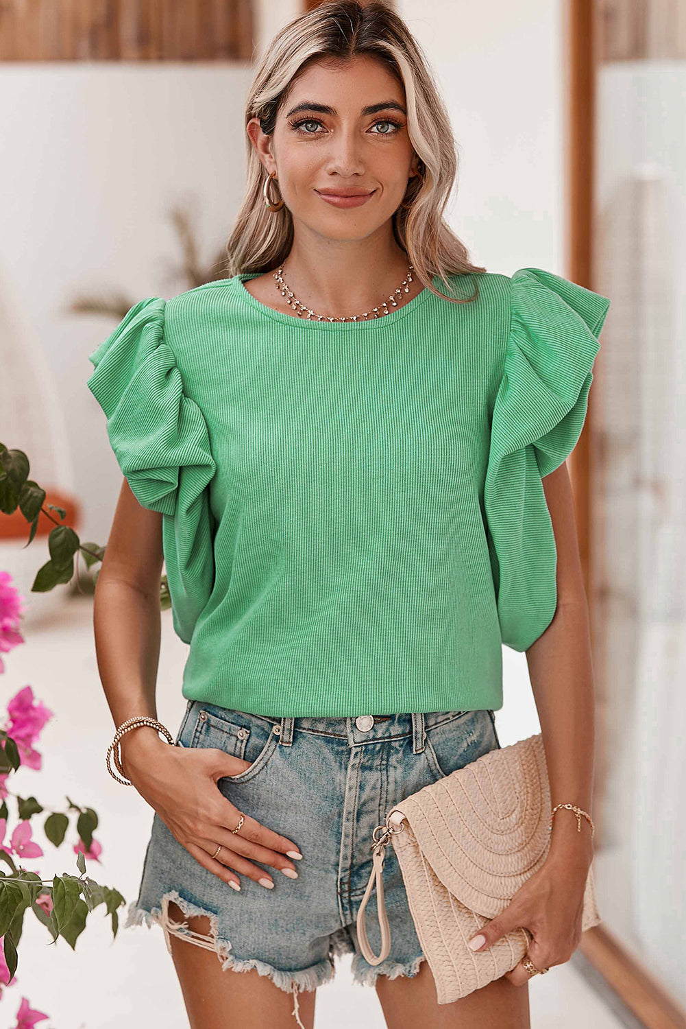 Green Solid Color Ruffle Sleeve Ribbed Blouse