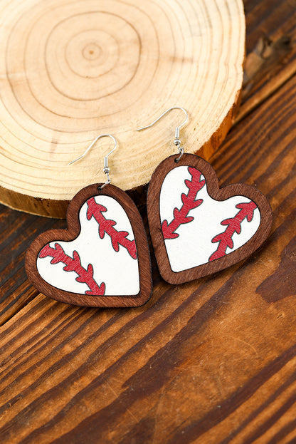 White Wood Contrast Edge Heart Shape Rugby Print Earrings