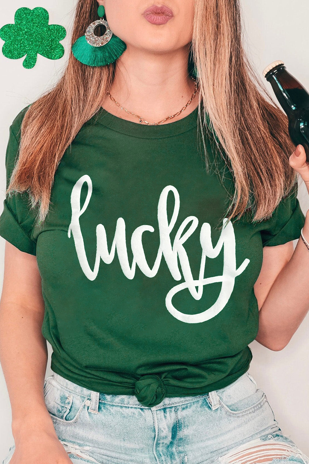 Green Casual St Patricks Lucky Graphic Round Neck Tee