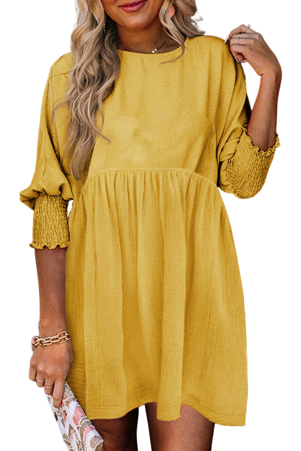Yellow Solid Color Shirred Cuffs Babydoll Mini Dress