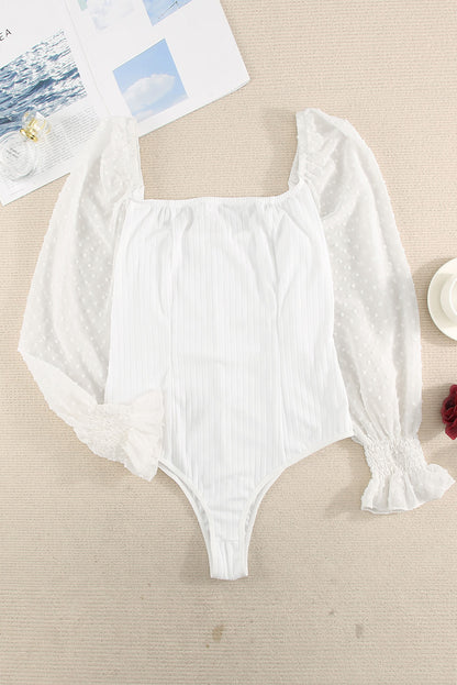 White Casual Solid Swiss Dot Ribbed Puff Sleeve Bodysuit