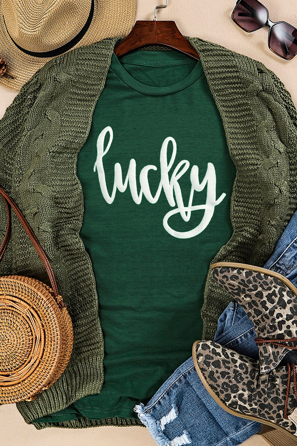 Green Casual St Patricks Lucky Graphic Round Neck Tee