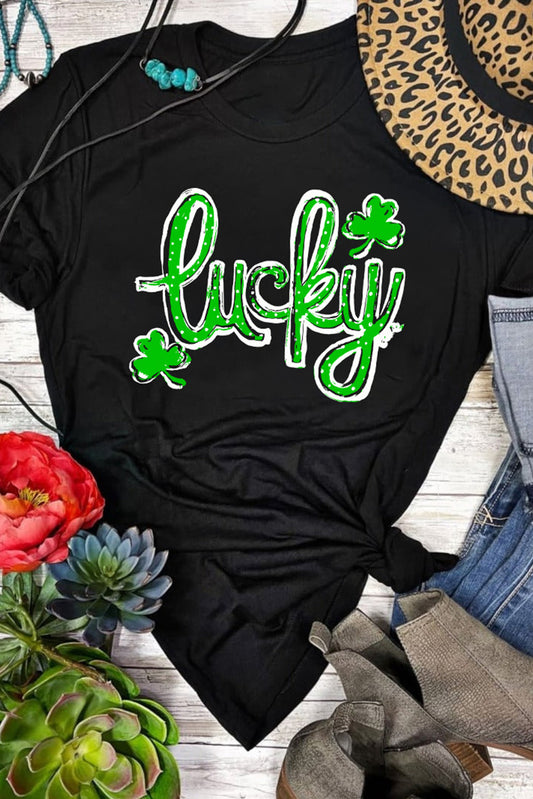 Black St. Patricks Lucky Clover Graphic T Shirt
