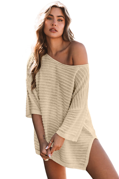 Brown Solid Color Rib-Knit Drop Sleeve Side Slits Top