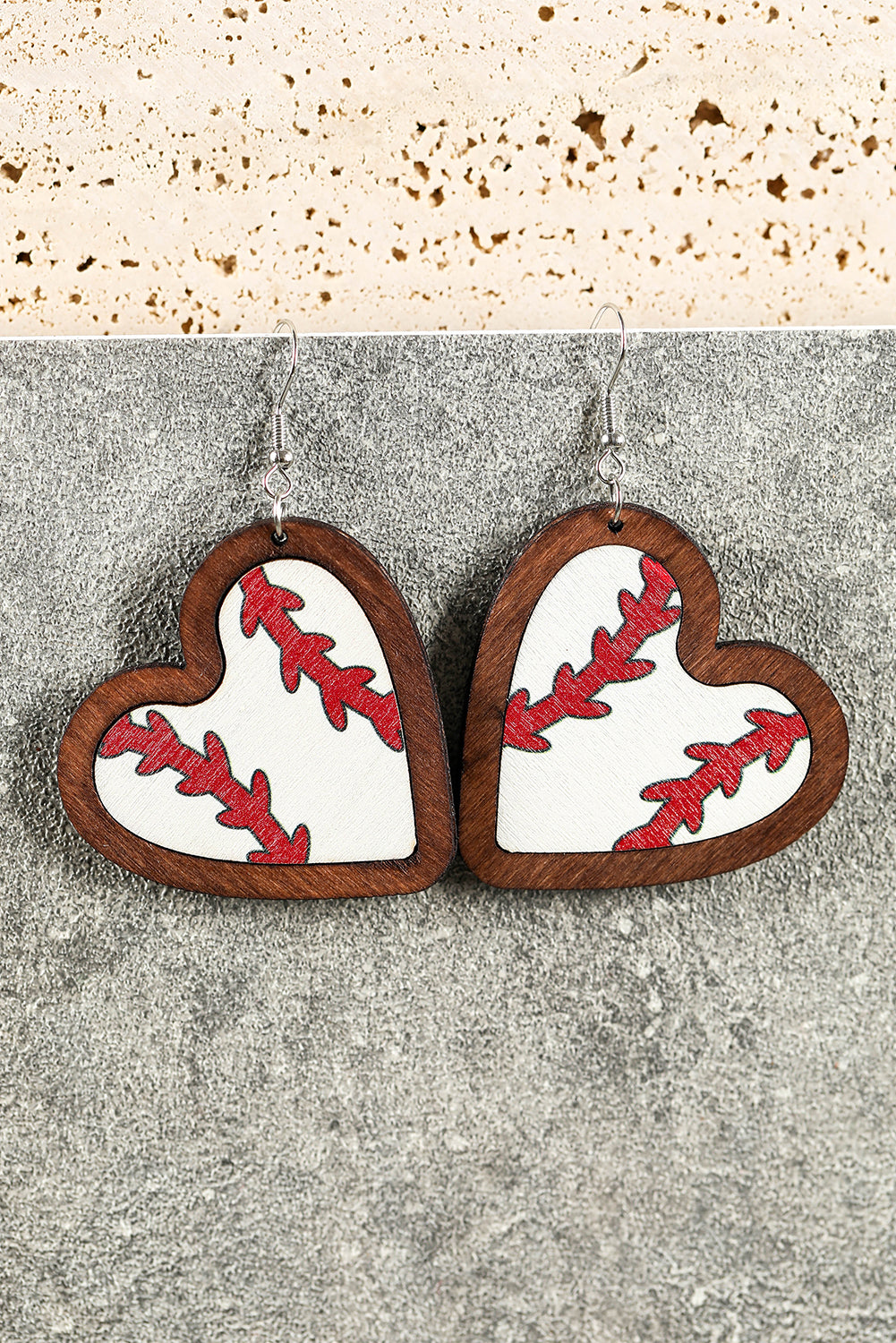 White Wood Contrast Edge Heart Shape Rugby Print Earrings