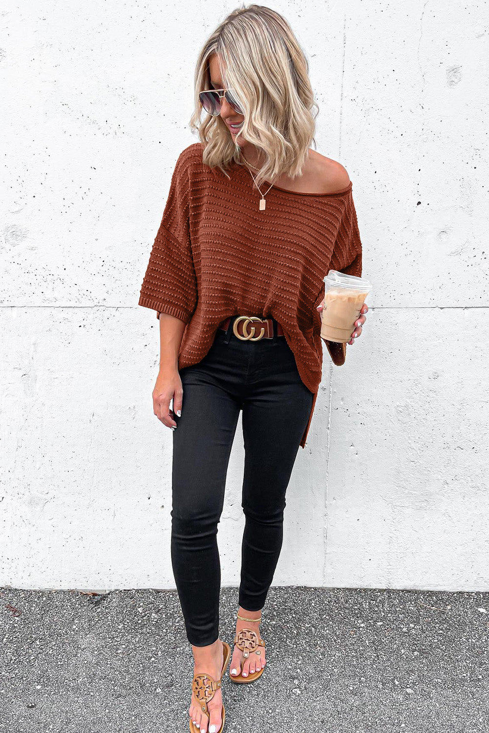 Brown Solid Color Rib-Knit Drop Sleeve Side Slits Top