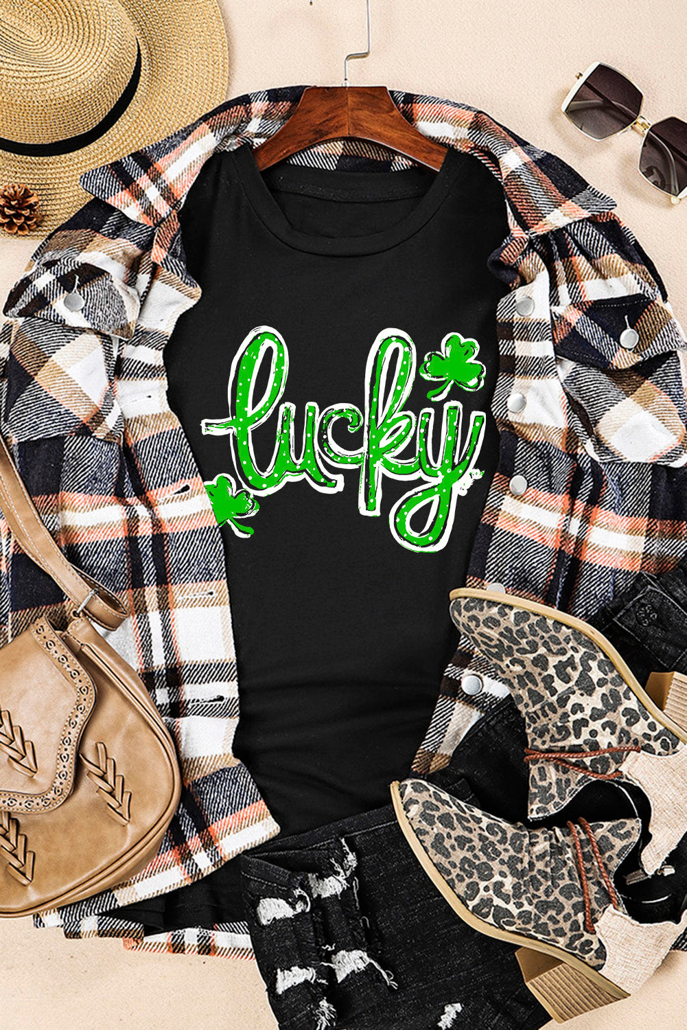 Black St. Patricks Lucky Clover Graphic T Shirt