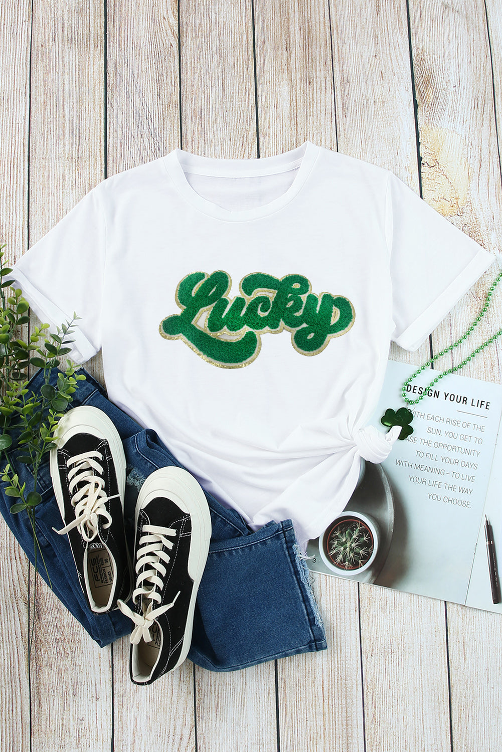 White St Patrick Lucky Chenille Glitter Patched Graphic T Shirt